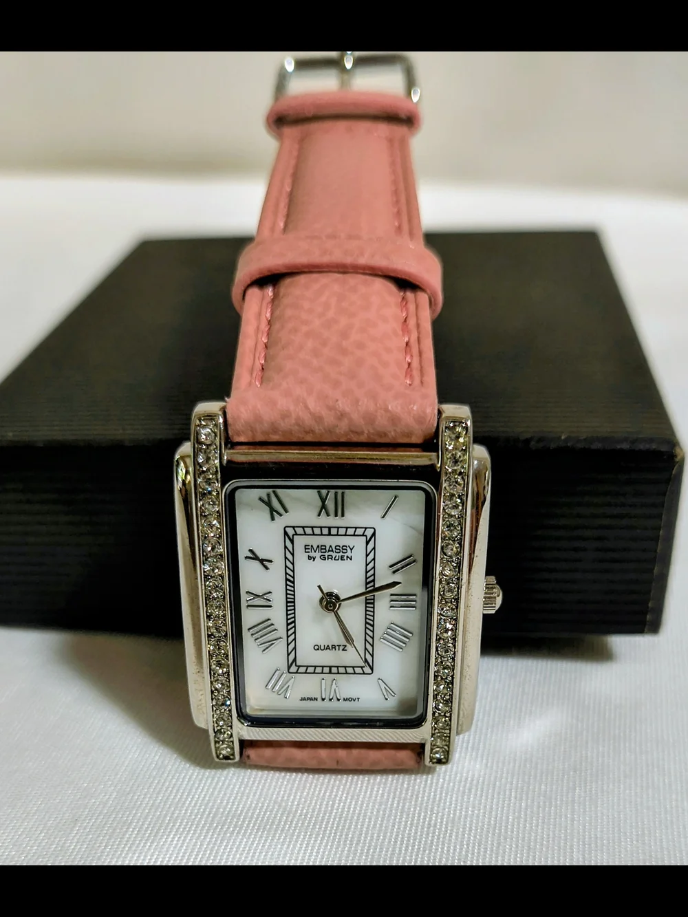 Embassy by Gruen Pink Leather Strap Watch with Crystal Accents